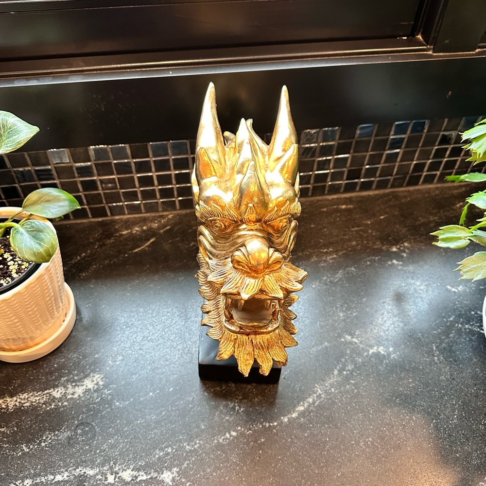 Chinoiserie Regency Golden Dragon Head Statue W/ Base - Picture 3 of 8